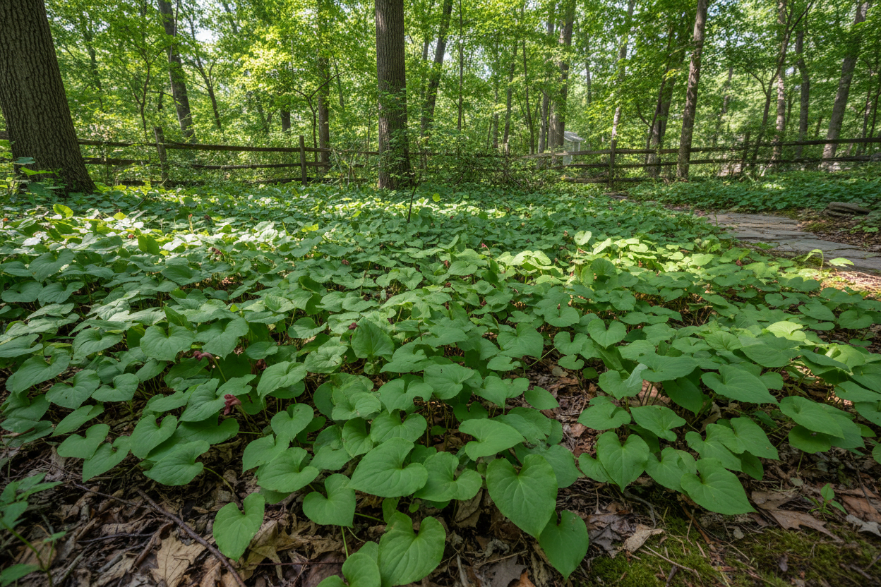 Asarum canadense 'Canadian Wild Ginger' perennial plants, woodland suburban setting,