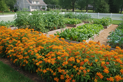 Asclepias tuberosa 'Gay Butterflies' Butterfly Weed perennial plants, as a border for a vegetable garden, sunny day, suburban setting,