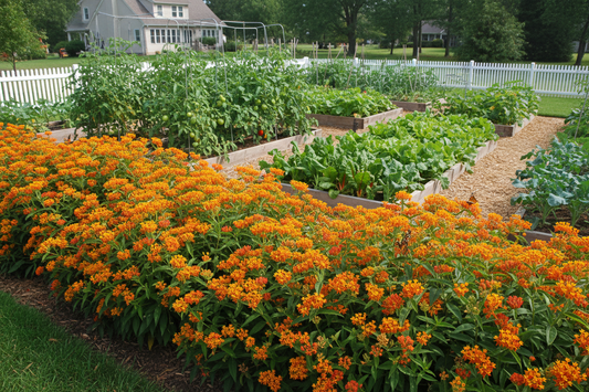 Asclepias tuberosa 'Gay Butterflies' Butterfly Weed perennial plants, as a border for a vegetable garden, sunny day, suburban setting,
