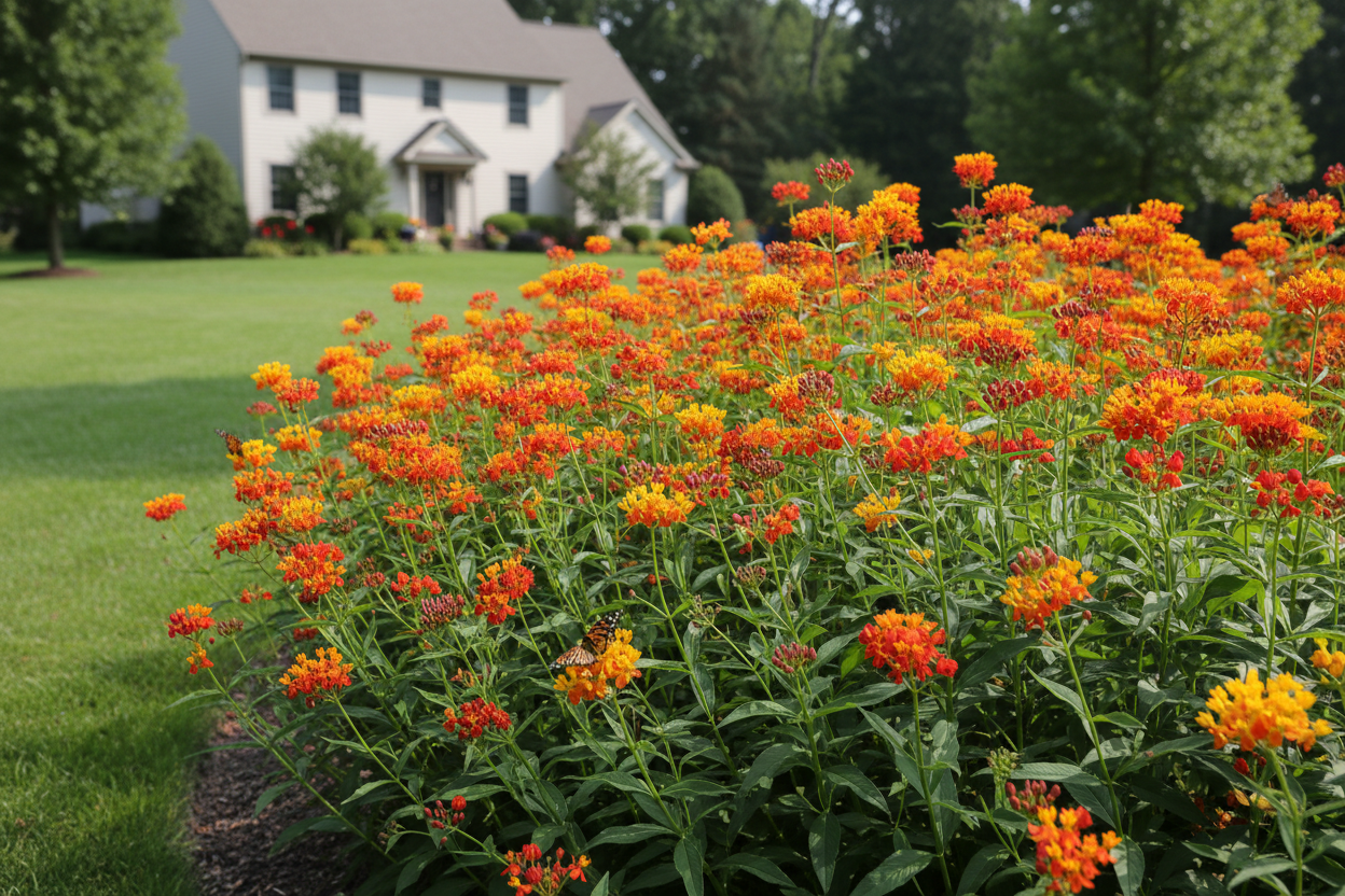 Asclepias tuberosa 'Gay Butterflies' Butterfly Weed perennial plants, as a border, suburban setting,