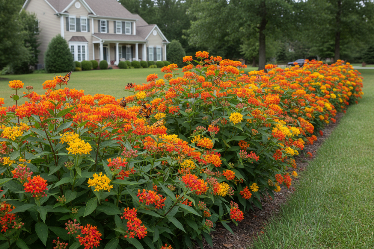 Asclepias tuberosa 'Gay Butterflies' Butterfly Weed perennial plants, as a border, suburban setting,