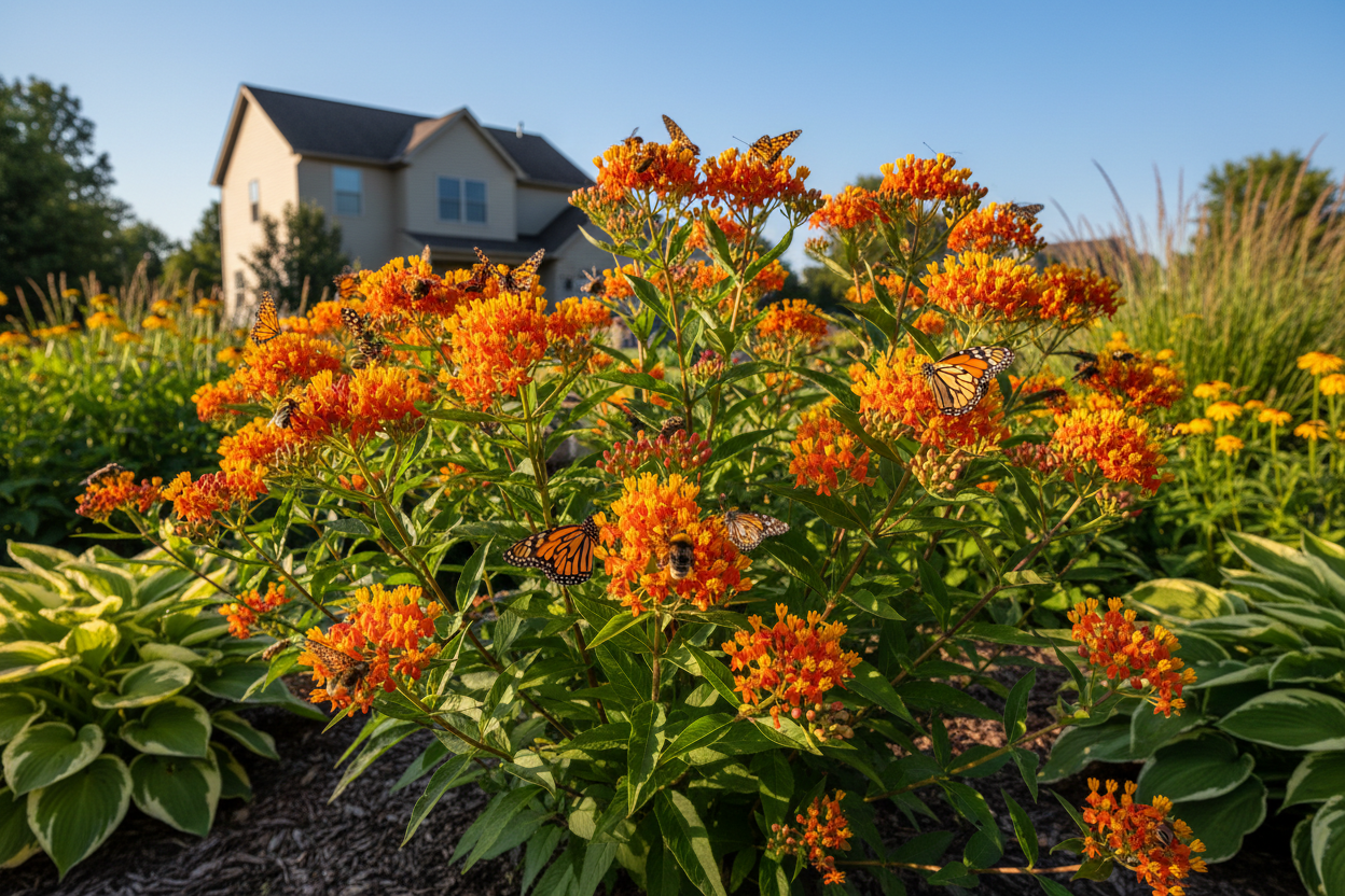 Asclepias tuberosa 'Gay Butterflies' Butterfly Weed perennial plants, with pollinators, sunny day, suburban setting,