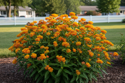 Asclepias tuberosa 'Gay Butterflies' perennial plants, suburban garden setting