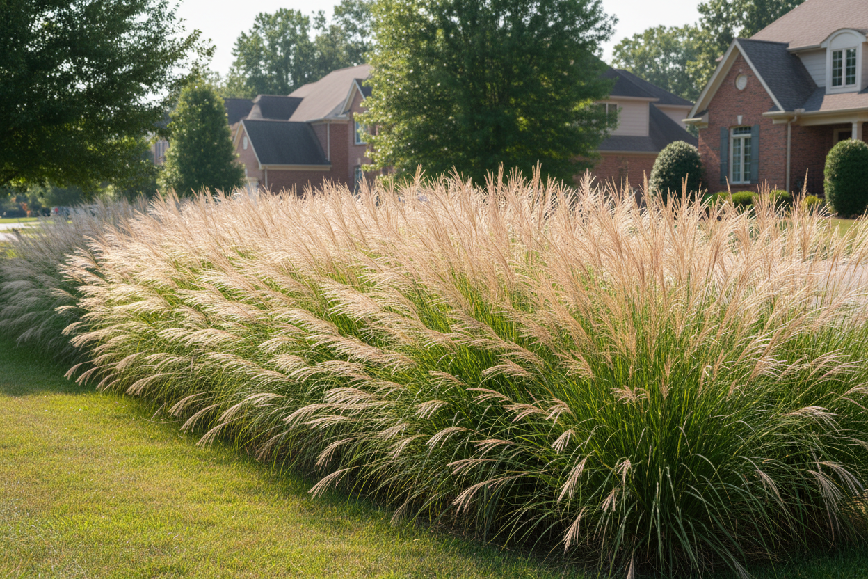 Calamagrostis brachytricha Feather Reed Grass-Korean perennial ornamental grass, as privacy border, suburban neighborhood, no letters or words