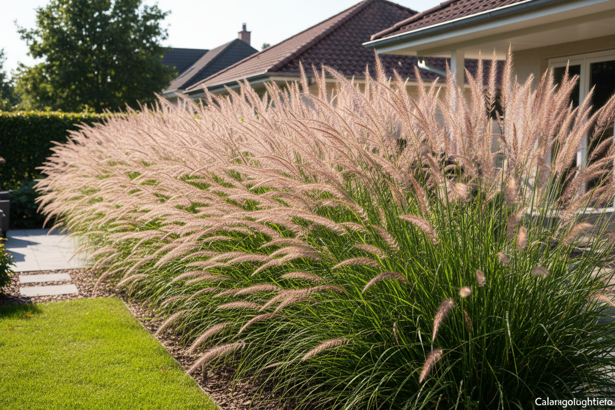Calamagrostis brachytricha Feather Reed Grass-Korean perennial ornamental grass, as privacy border, suburban neighborhood,