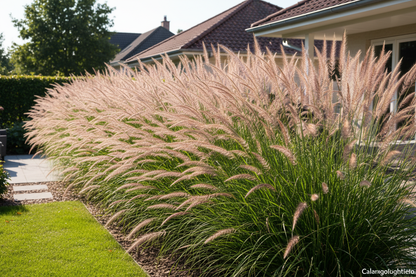 Calamagrostis brachytricha Feather Reed Grass-Korean perennial ornamental grass, as privacy border, suburban neighborhood,