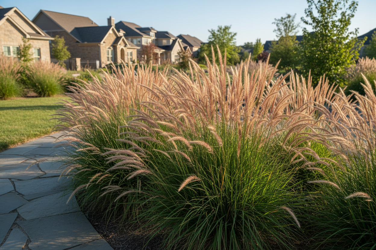 Calamagrostis brachytricha Feather Reed Grass-Korean perennial ornamental grass, suburban neighborhood,