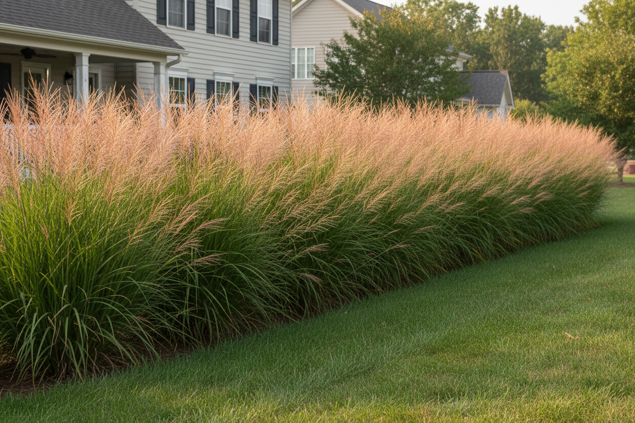 Calamagrostis brachytricha Feather Reed Grass-Korean, privacy border, suburban setting,