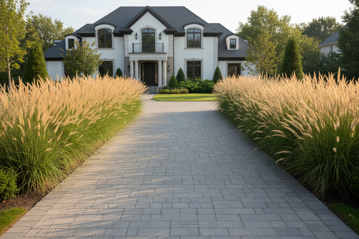 Calamagrostis 'Karl Foerster' feather reed ornamental grass, as a driveway border, upscale suburban setting,