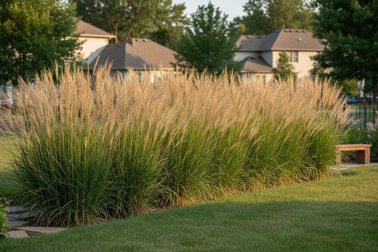 Calamagrostis 'Karl Foerster' perennial feather reed tall ornamental grass as a privacy border, suburban setting,