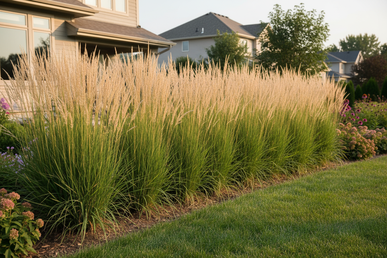 Calamagrostis 'Karl Foerster' perennial feather reed tall ornamental grass as a privacy border, upscale suburban setting,