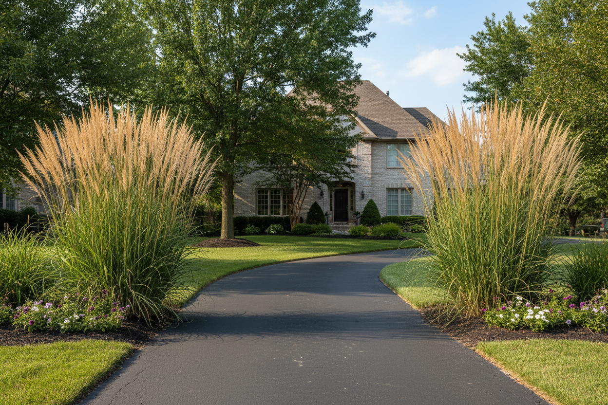 Calamagrostis 'Karl Foerster' perennial feather reed tall ornamental grass, as columns at end of driveway, on each side, suburban setting,