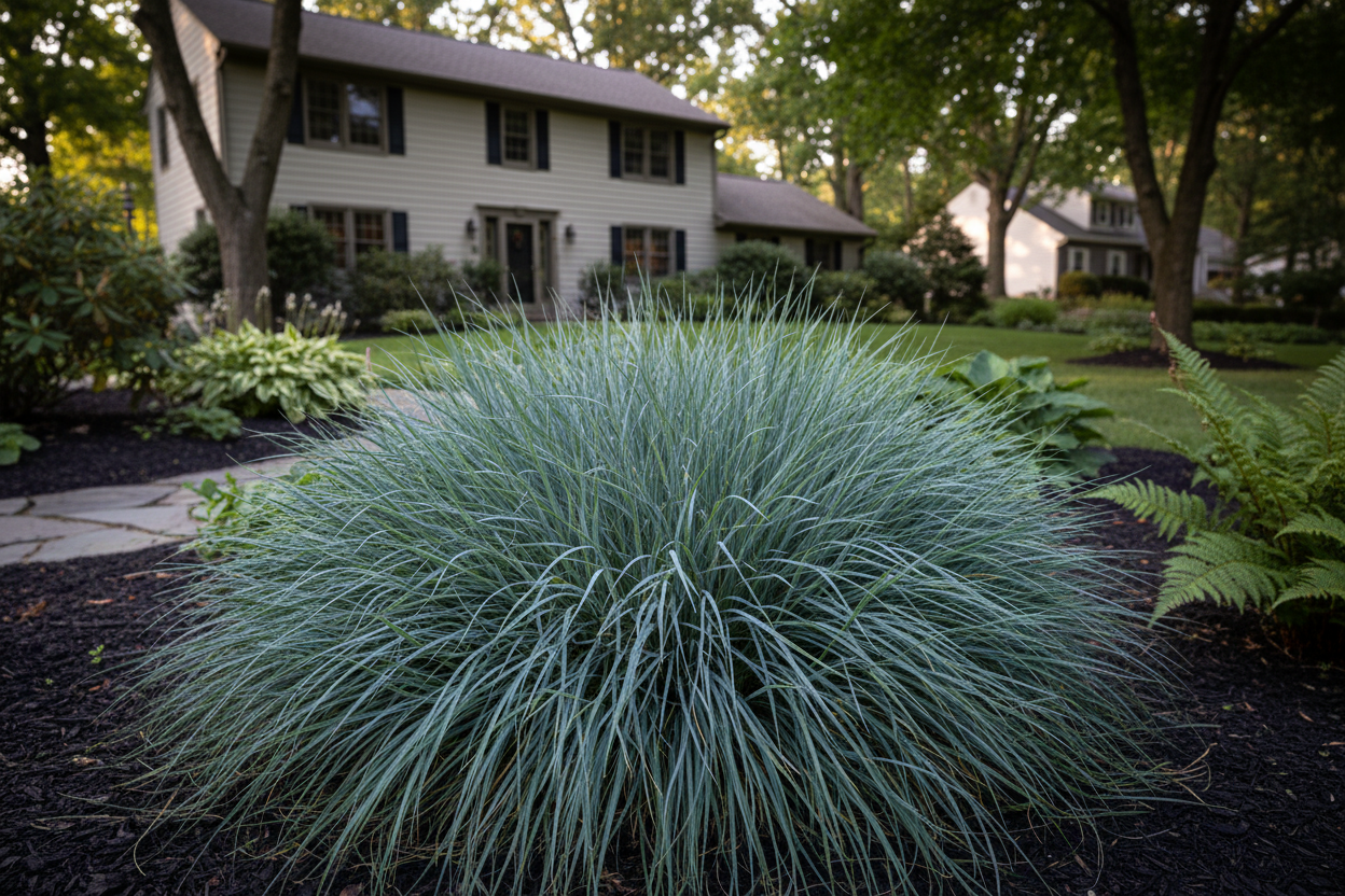 Carex 'Blue Zinger' ornamental grass, shady area, suburban settings,