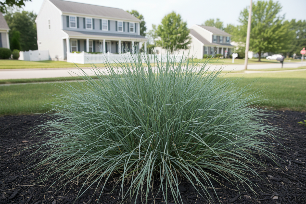 carex 'blue zinger' ornamental grass, suburban neighborhood