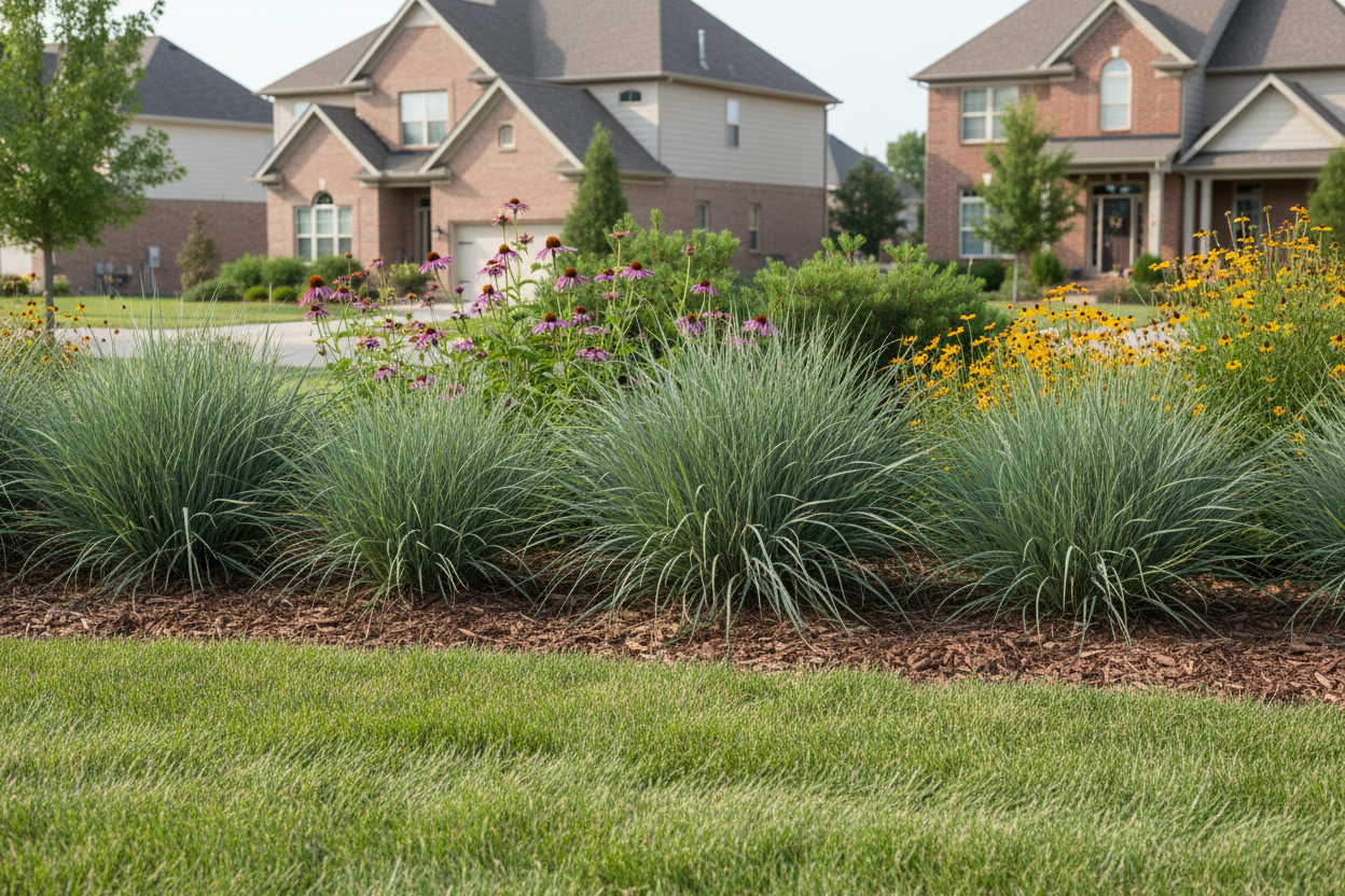 Carex 'Blue Zinger' ornamental grass, suburban setting,