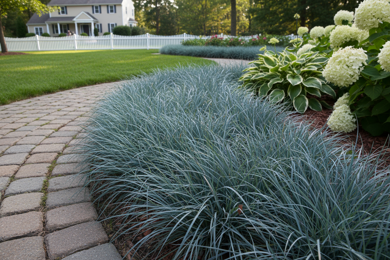Carex 'Blue Zinger' ornamental shade grass, border, suburban setting,