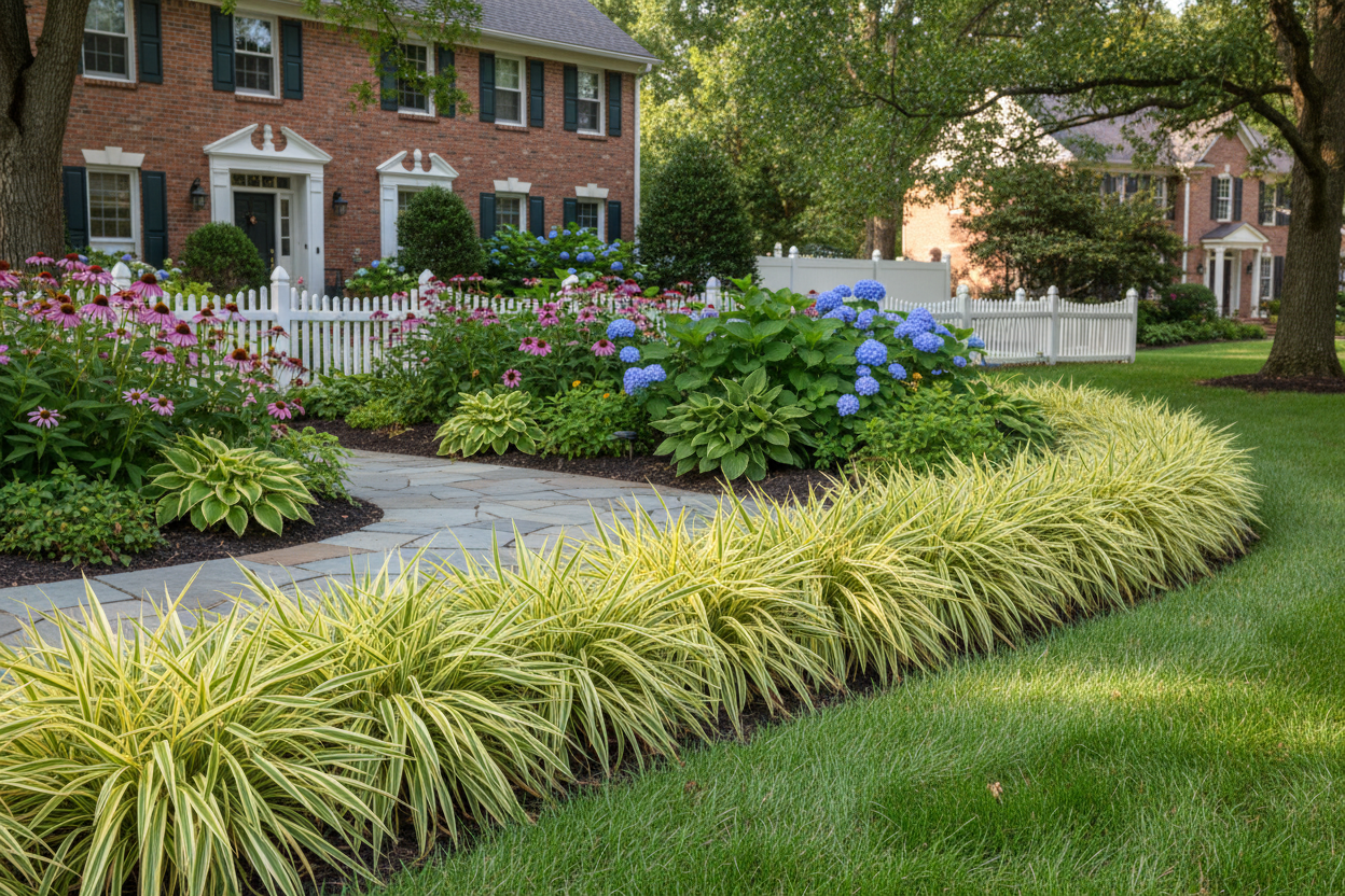 carex 'evergold' perennial plants, as border, suburban setting