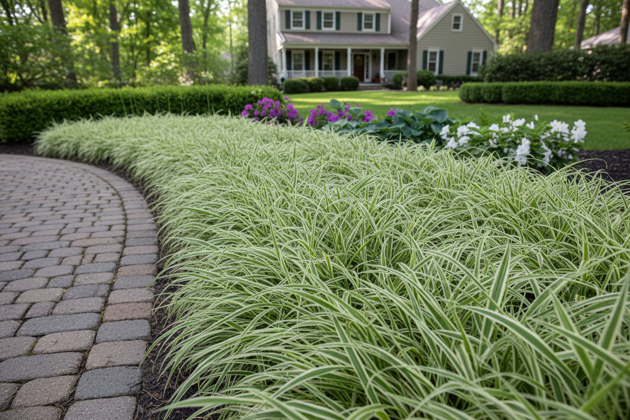 Carex morrowii 'Ice Dance' Sedge-Variegated Japanese ornamental grass plants 12 inches high by 18 inches wide, edging or border, suburban setting,