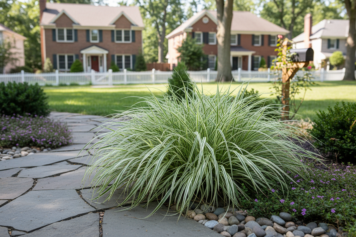 Carex morrowii 'Ice Dance' Sedge-Variegated Japanese ornamental grass, suburban setting,