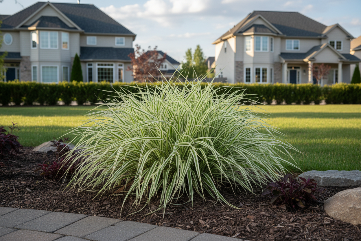 Carex morrowii 'Ice Dance' Sedge-Variegated Japanese ornamental grasses 12 inches high by 18 inches wide, suburban setting,