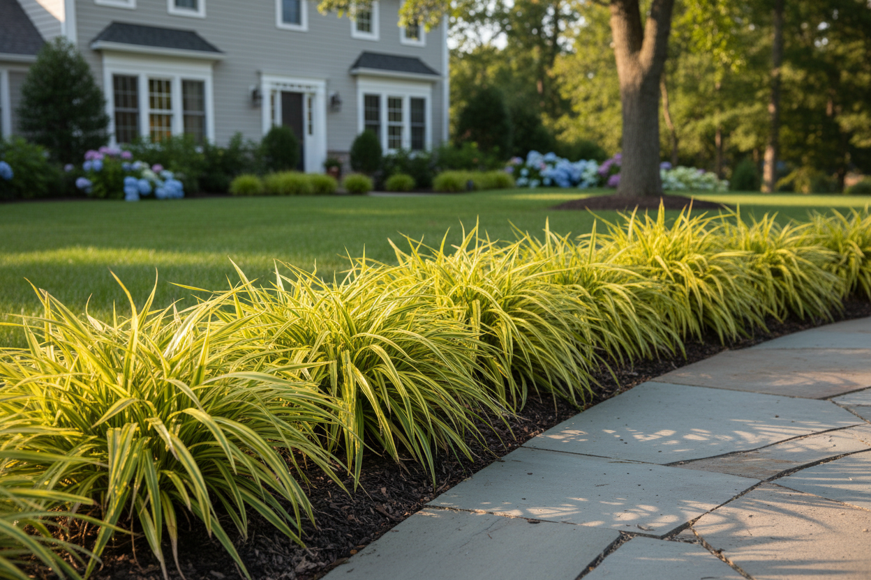 Carex oshimensis ‘Evergold' Japanese Sedge perennial ornamental grass, as a border, suburban setting,