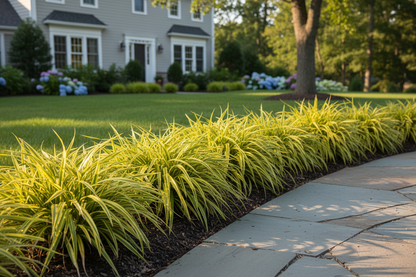 Carex oshimensis ‘Evergold' Japanese Sedge perennial ornamental grass, as a border, suburban setting,