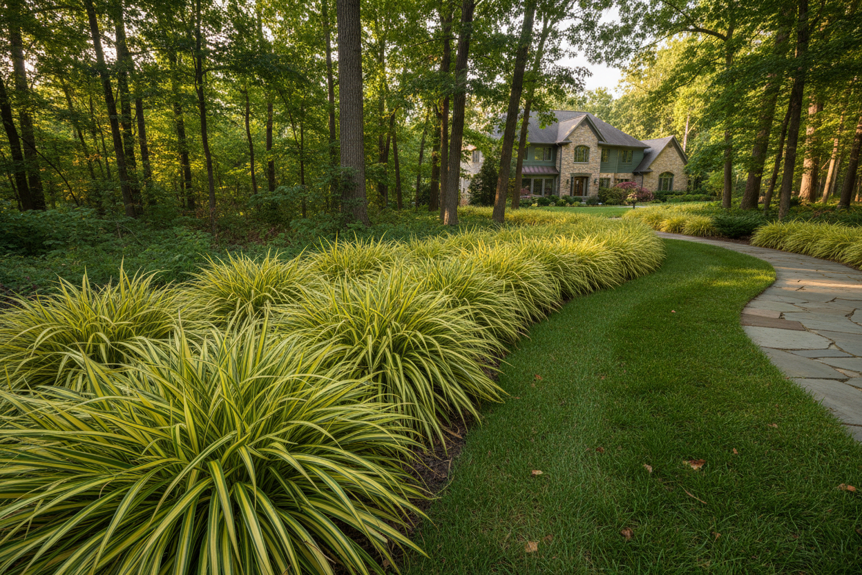 Carex oshimensis ‘Evergold' Japanese Sedge perennial ornamental grass, as a border, woodland suburban setting,