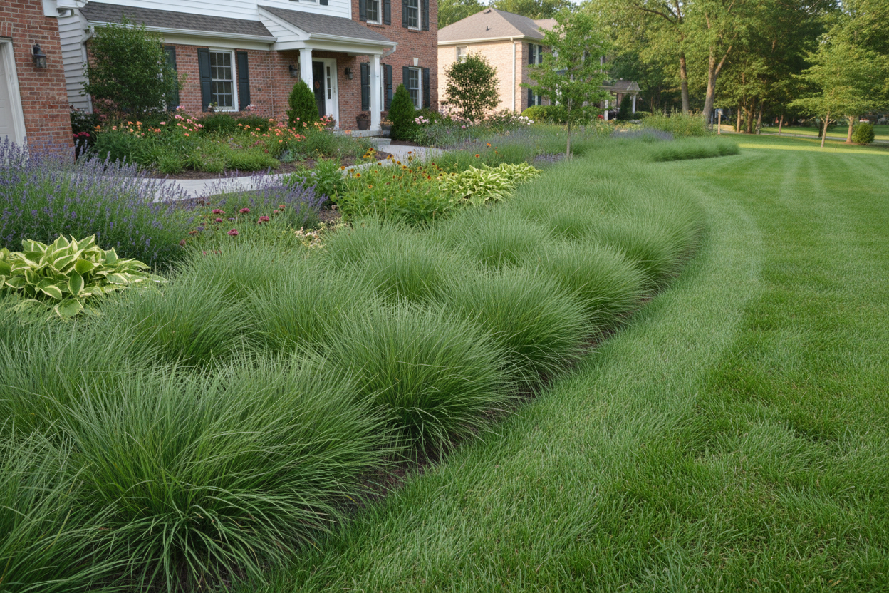 Carex pensylvanica Sedge-Pennsylvania, Oak Sedge perennial ornamental grass, as a border, suburban setting,
