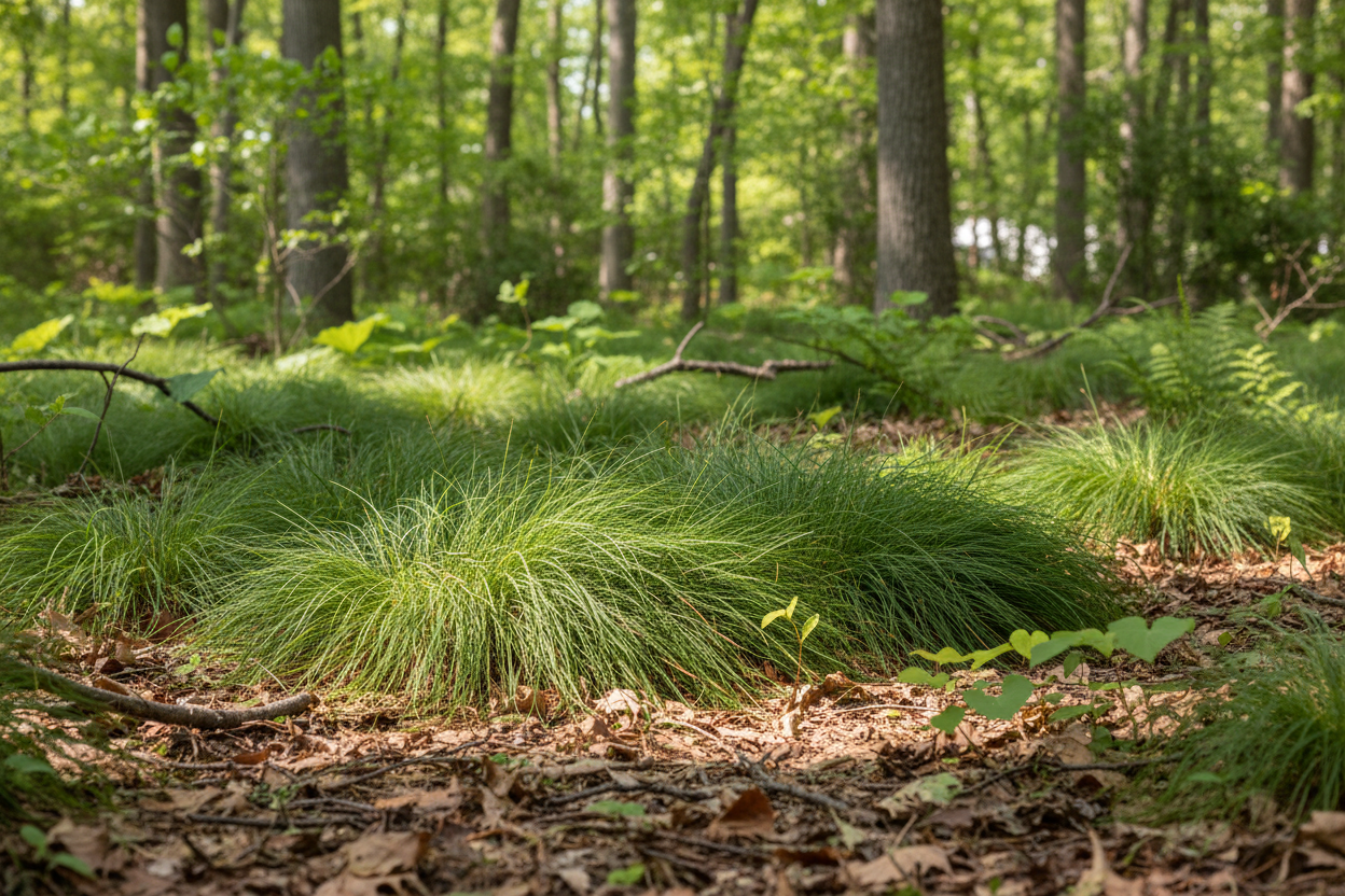 Carex pensylvanica Sedge-Pennsylvania, Oak Sedge perennial ornamental grass, woodland suburban setting,