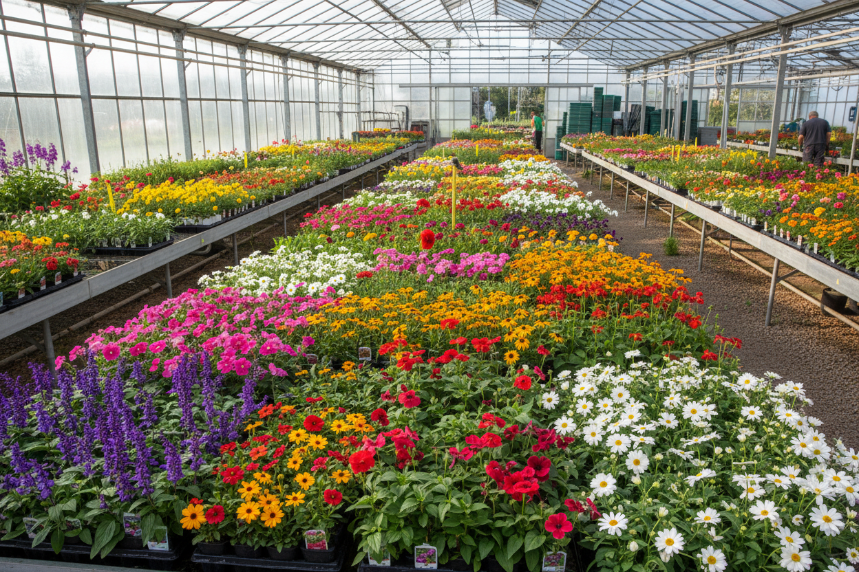 colorful perennial flower flats in a greenhouse