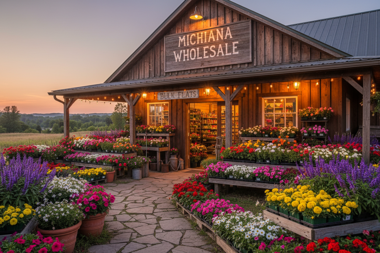 Country flower store, colorful perennial flowers in flats, signs read "Michiana Wholesale" and a smaller sign "Bulk Flats" only, friendly and inviting, just before dusk, warm lighting,
