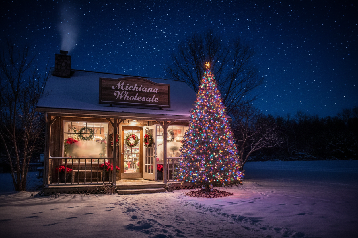 dark starry night, country flower shop warmly lit, light snow cover, colorfully lighted Christmas tree, sign says "Michiana Wholesale"