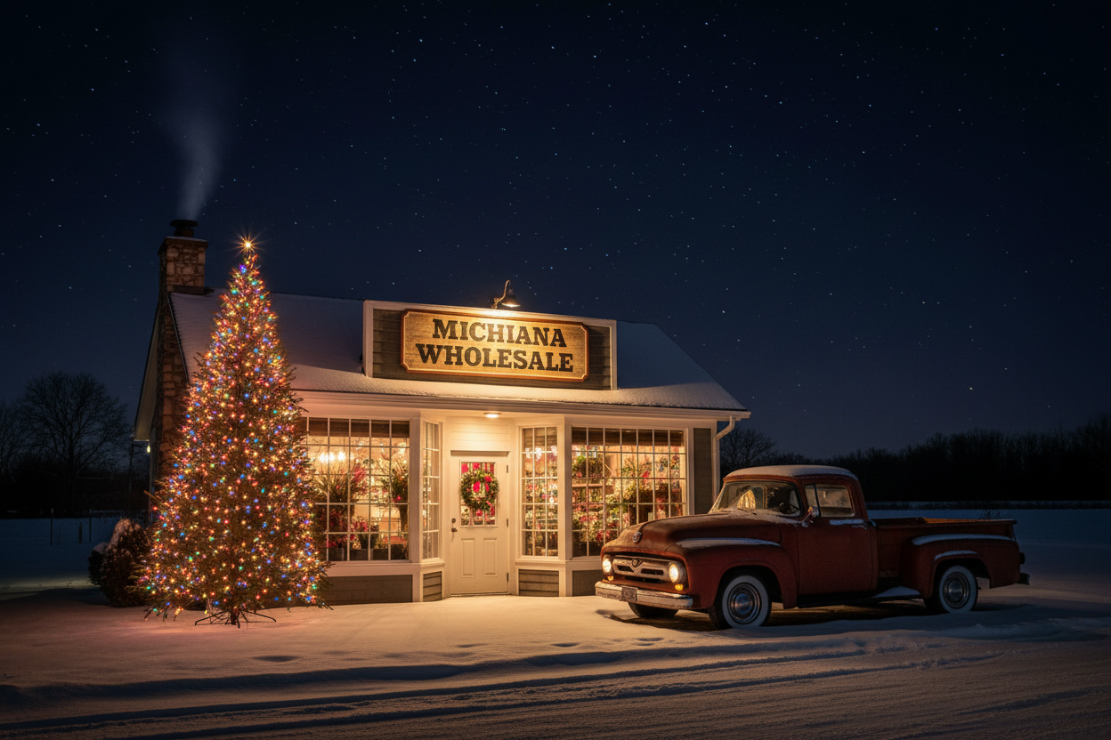 Dark starry night, flowers store warmly lit, light coating of snow, Christmas tree colorfully lighted, old timey truck, country vintage feel, sign says "Michiana Wholesale"