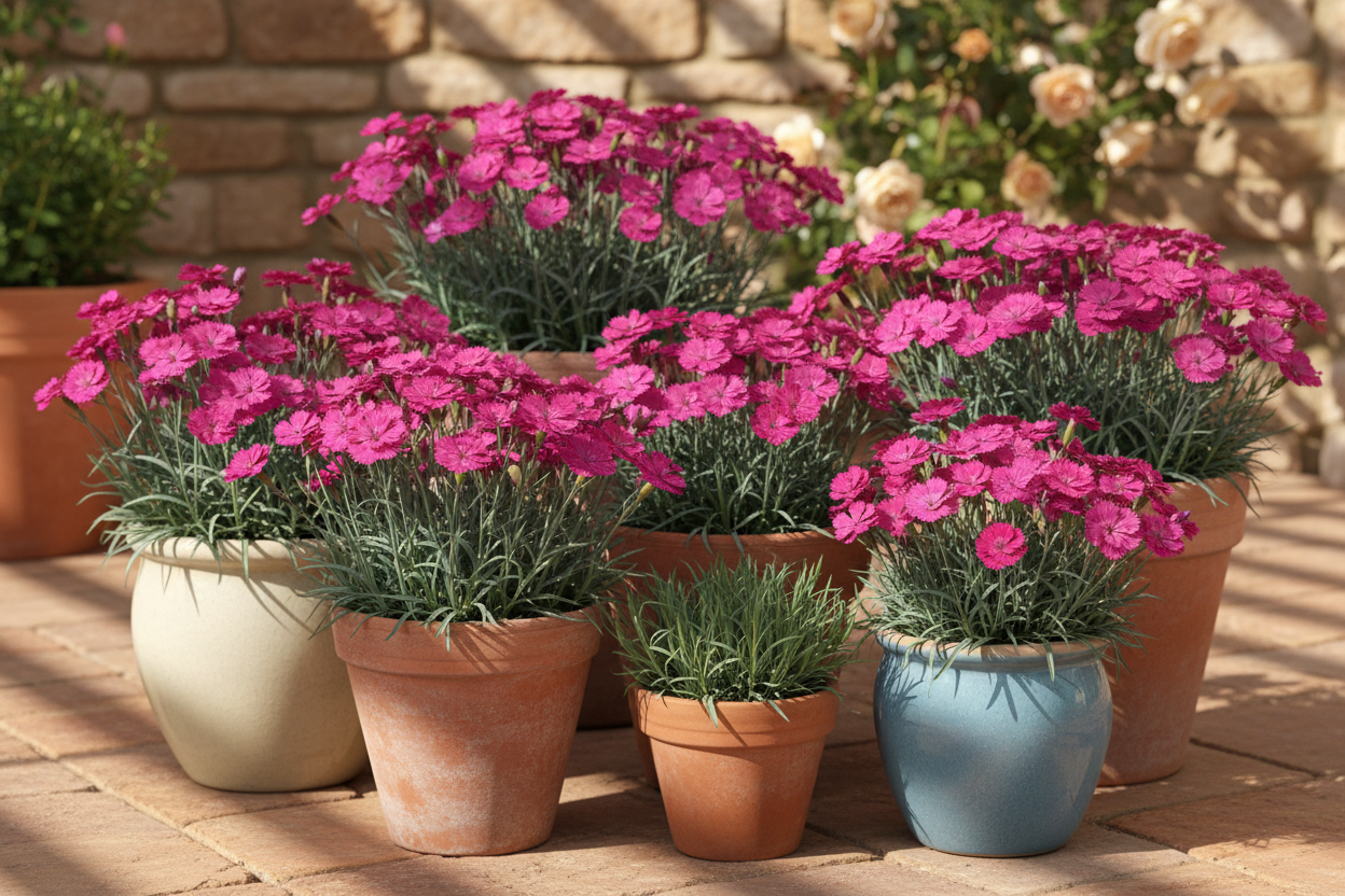 Dianthus 'Firewitch' perennial groundcover plants in patio pots