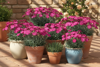 Dianthus 'Firewitch' perennial groundcover plants in patio pots