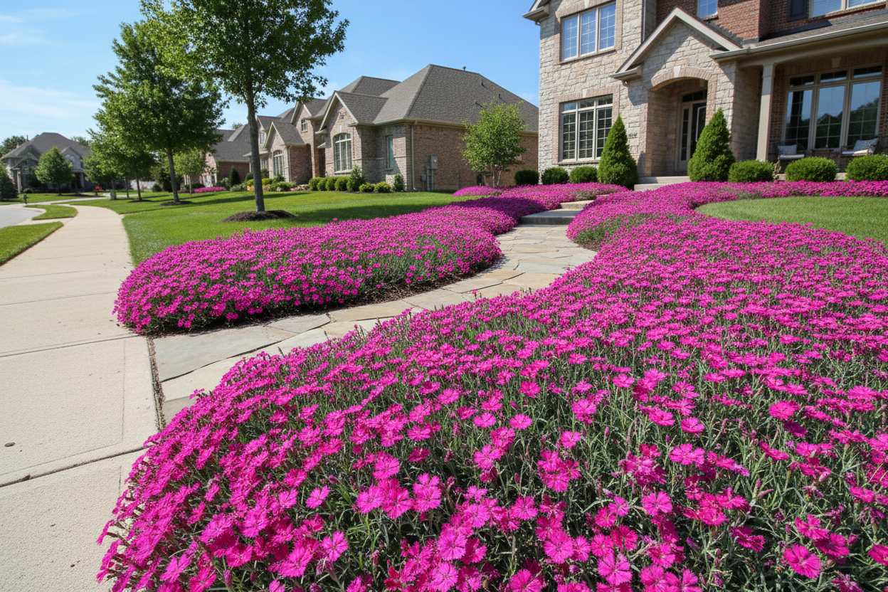 Dianthus 'Firewitch' perennial groundcover plants, landcaped suburban neighborhood