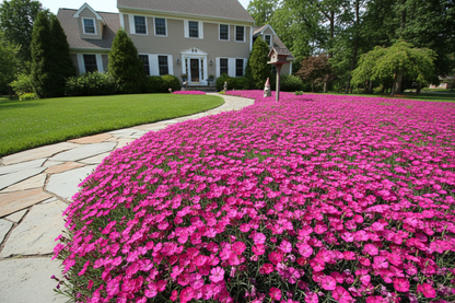Dianthus 'Firewitch' perennial groundcover plants, suburban setting