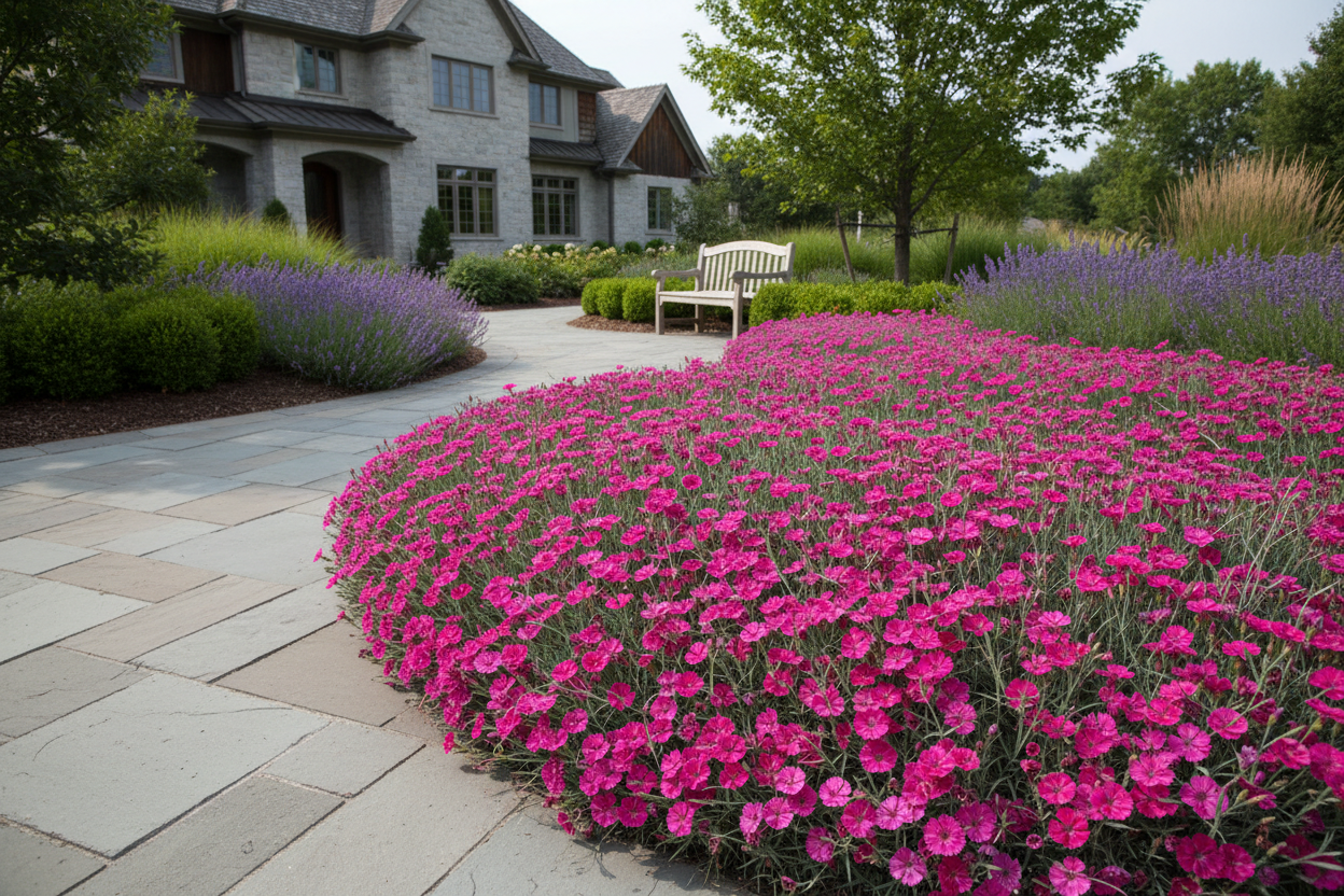 Dianthus 'Firewitch' perennial groundcover plants, upscale suburban setting