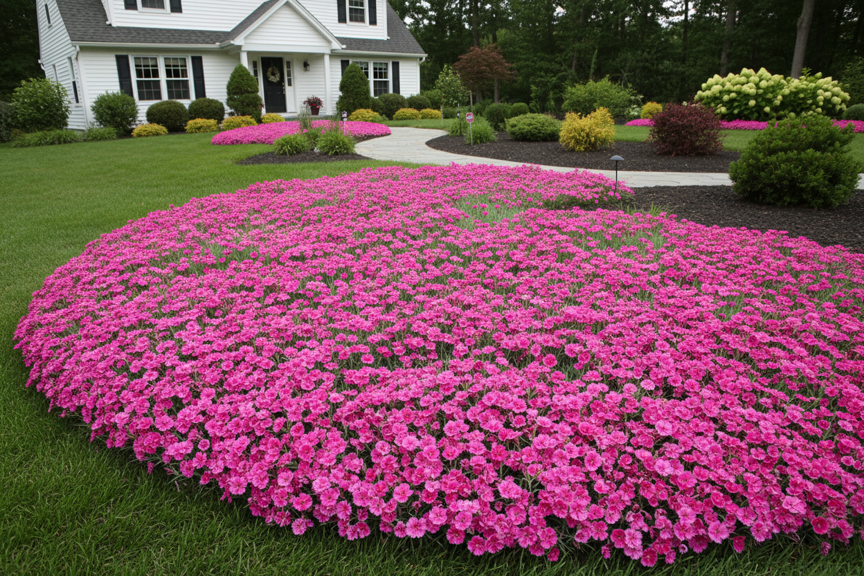 Dianthus 'Neon Star' perennial groundcover plants, suburban setting
