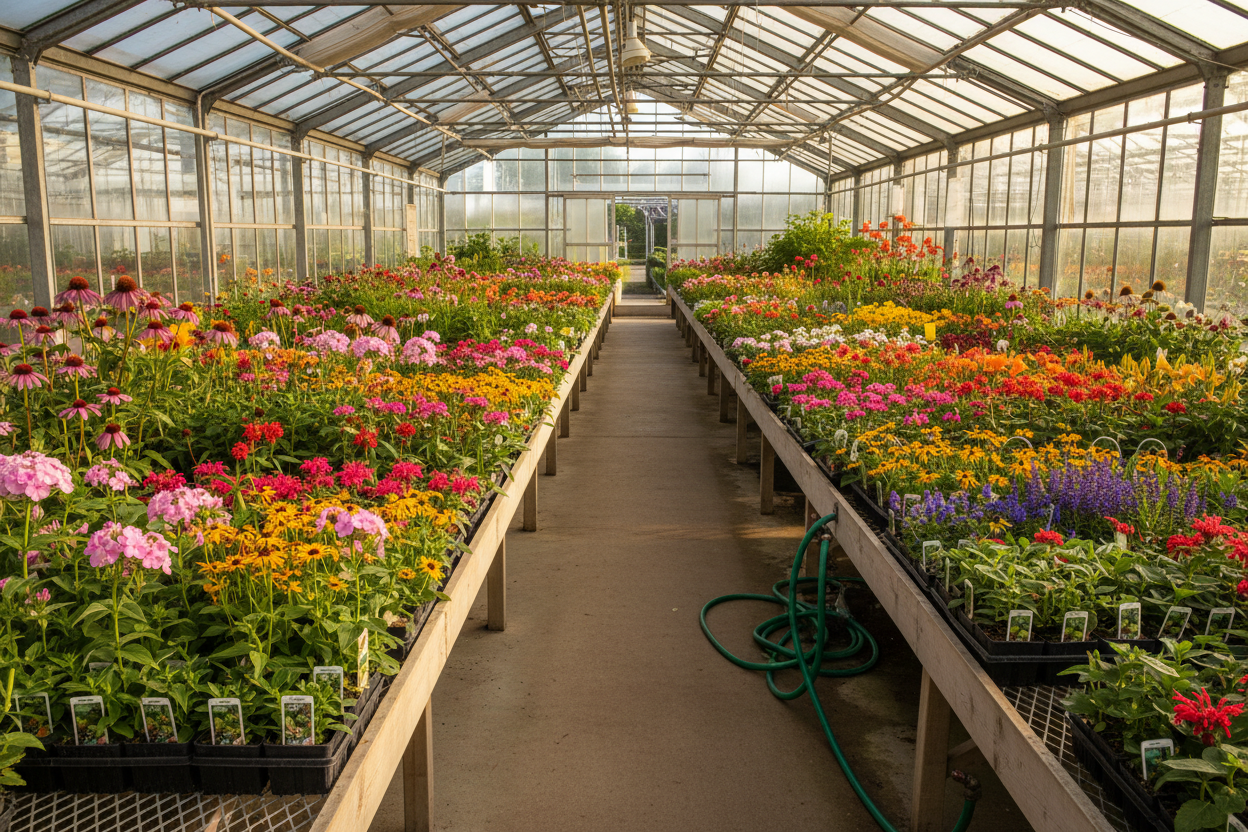 greenhouse full of colorful perennial flats