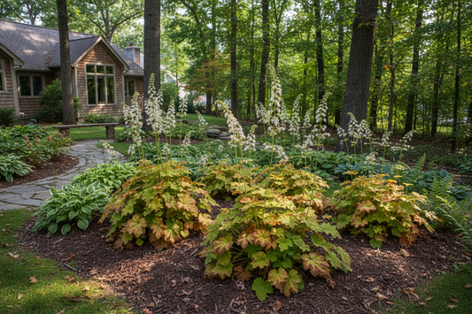 Heuchera 'Autumn Bride' perennial plants, woodland suburban setting