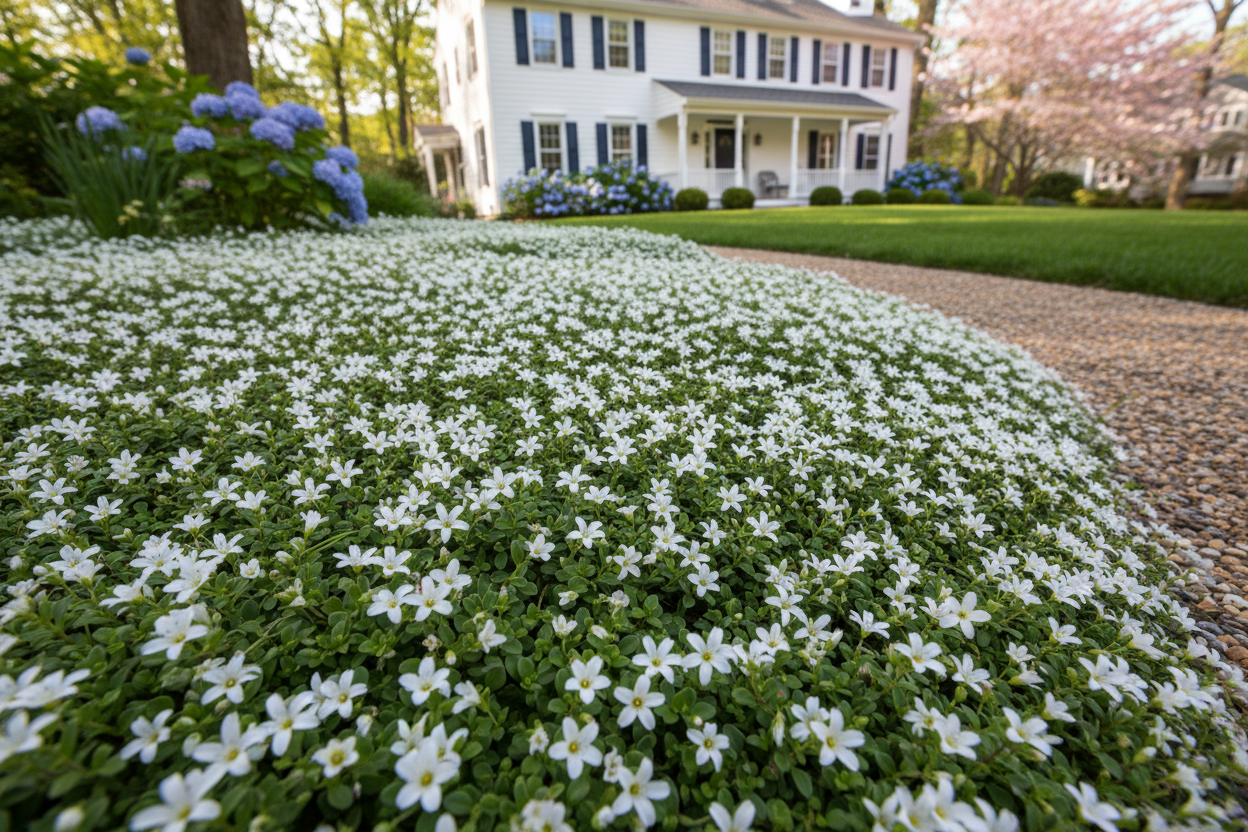 Isotoma fluviatilis Blue Star Creeper perennial plants, white flowers, as a border, suburban setting,