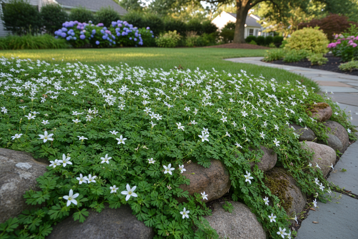 Isotoma fluviatilis Blue Star Creeper perennial plants, white flowers, as a rocky outcrop edging, suburban setting,