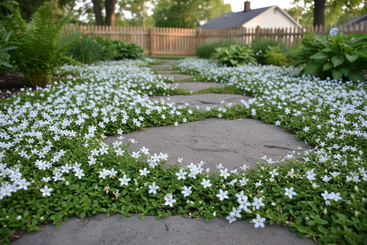 Isotoma fluviatilis Blue Star Creeper perennial plants, white flowers, as filler between walking path, suburban setting,