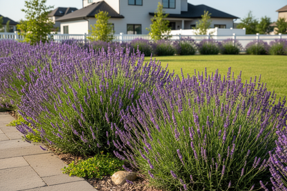 Lavender 'Phenomenal' perennial plants, suburban garden 