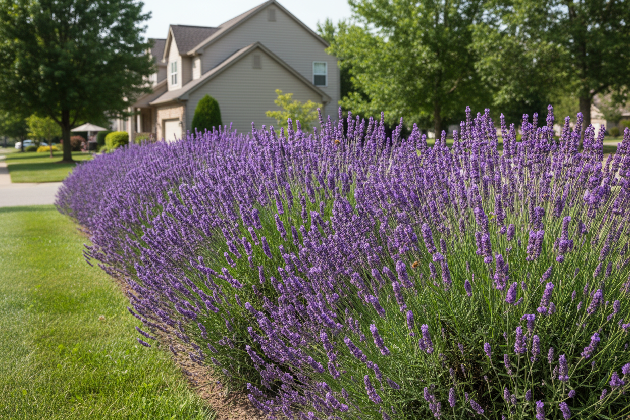 Lavender 'Phenomenal' perennial plants, suburban setting