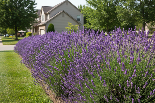 Lavender 'Phenomenal' perennial plants, suburban setting