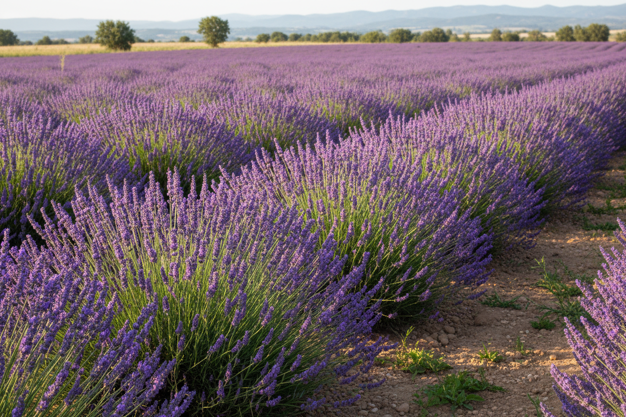 lavender 'super blue' perennial plants in a lavender field