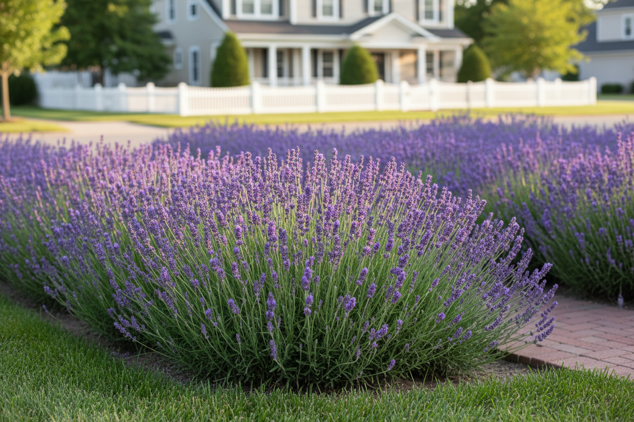 lavender 'super blue' perennial plants, suburban setting