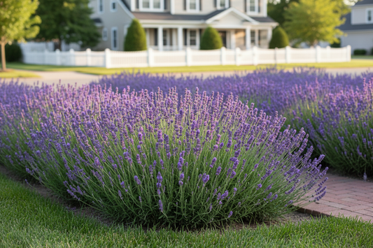 lavender 'super blue' perennial plants, suburban setting